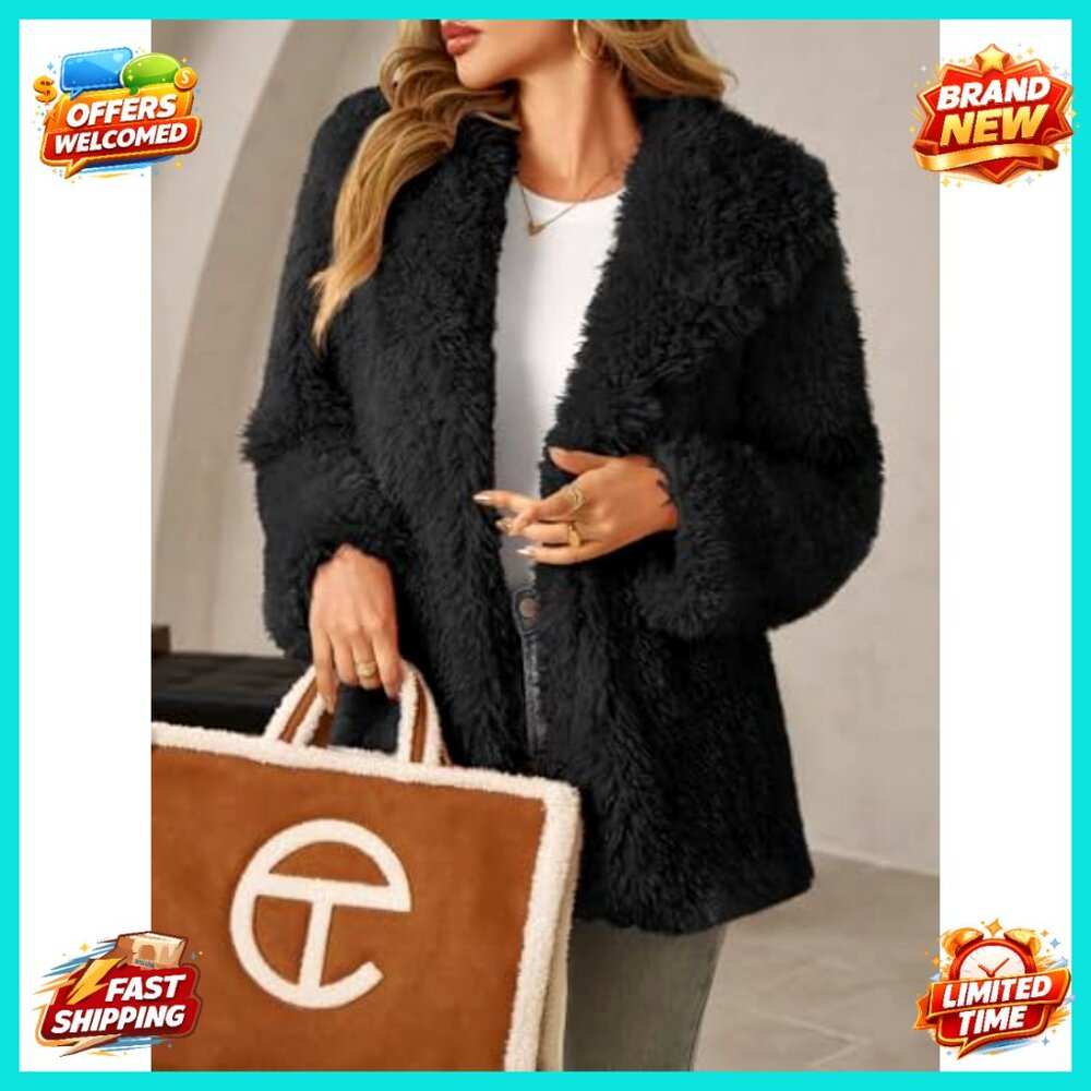 Oversized Faux Fur Coat Lapel Collar Open Front Fuzzy Jacket Winter Warm - Picture 4 of 7